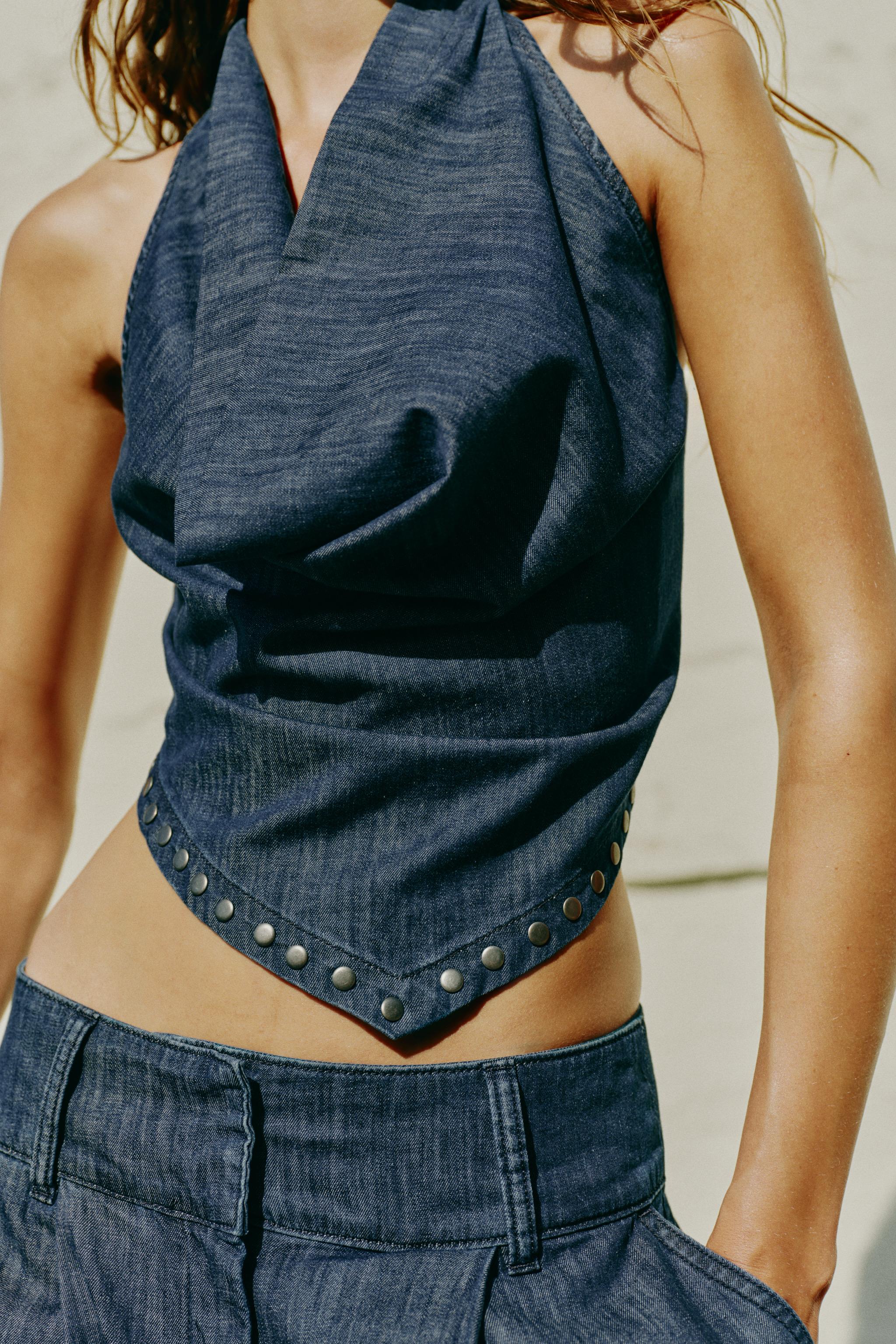 OPEN-BACK STUDDED HALTER TOP